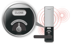 More Secure in an Emergency! Security assured, Samsung Digital Door Lock: The Samsung Digital Door Lock obtained exceptional grades in all safety and quality certification tests against electric shock, strength and fire prevention. With an advanced circuit design that enables the product to withstand high voltage electrical surges, safety is strengthened. Also, when a temperature of 60 degree Celsius and over is detected inside the residence, the alarm will sound and the door locks are automatically opened. With a manual open feature, the door can be opened manually if an electronic malfunction occurs.